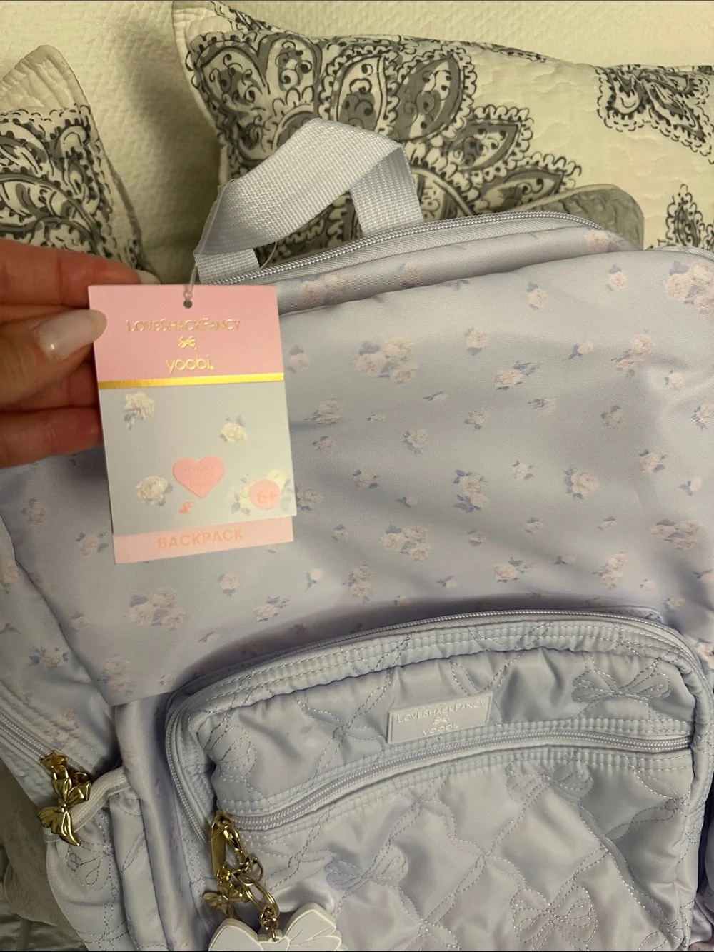 LoveShackFancy Lavender Quilted Floral Backpack with Bow Charm